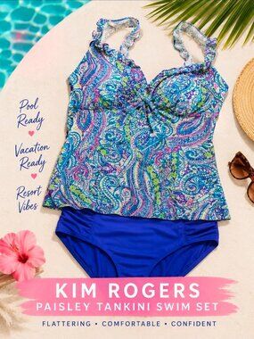 Kim Rogers 20W Plus Size Tankini Swimsuit Set Paisley Blue Pink Swimwear